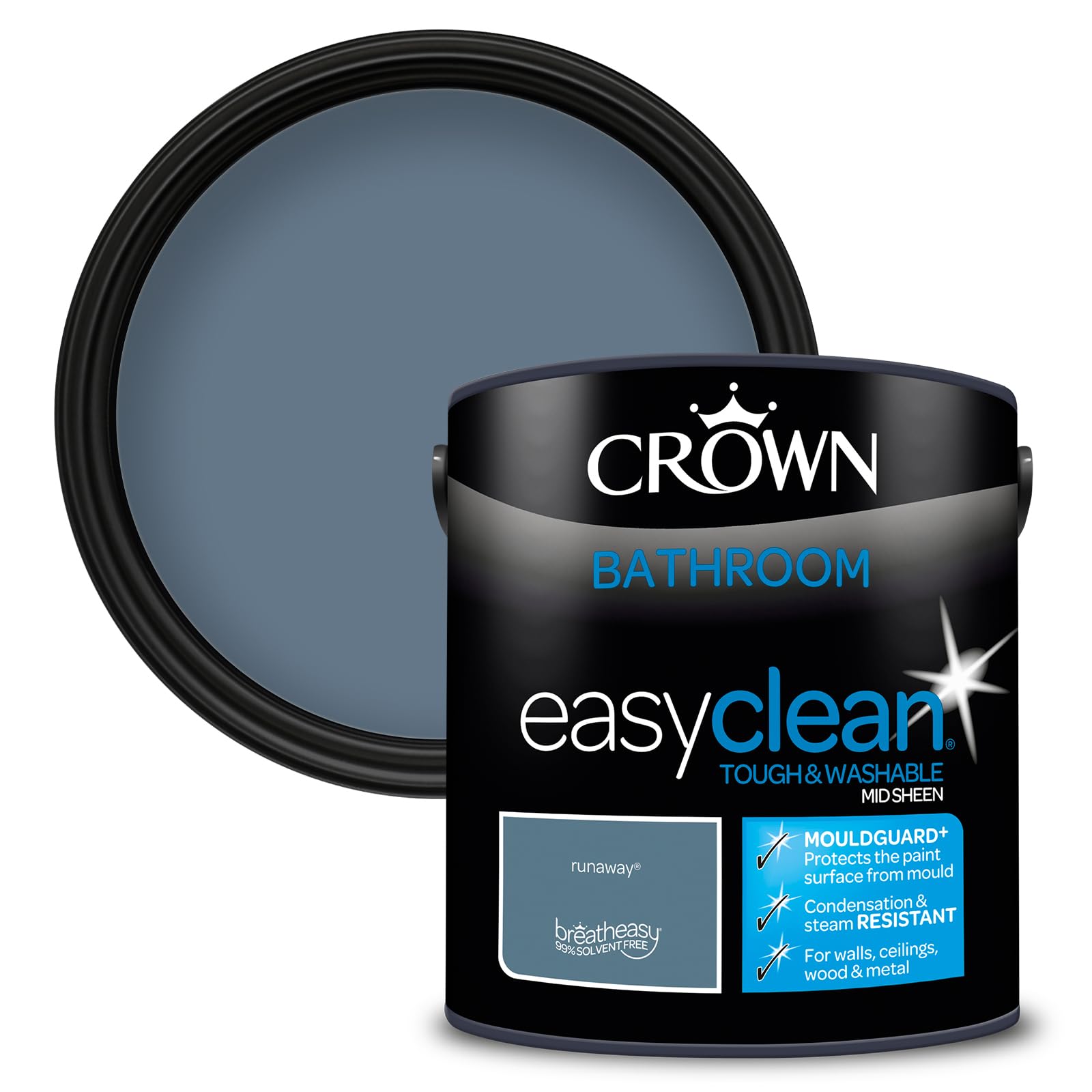 Crown Runaway - Bathroom Paint, Mid Sheen Emulsion - Washable, Mould and Condensation Resistant - Mid Blue Paint - Bathroom and En Suite - Water Based, Low Odour Paint - 2.5L