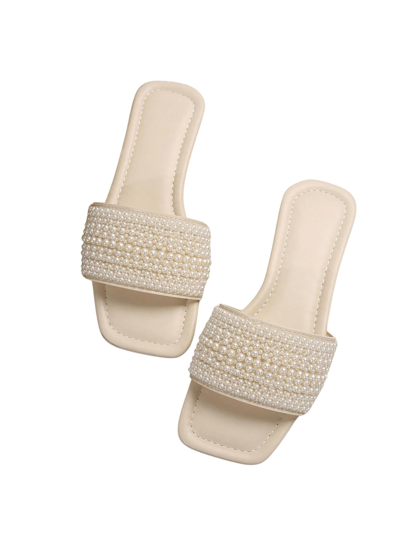 GORGLITTER Women's Pearls Sandals Rhinestone Flat Sandals Dressy Open Toe Slide Sandals