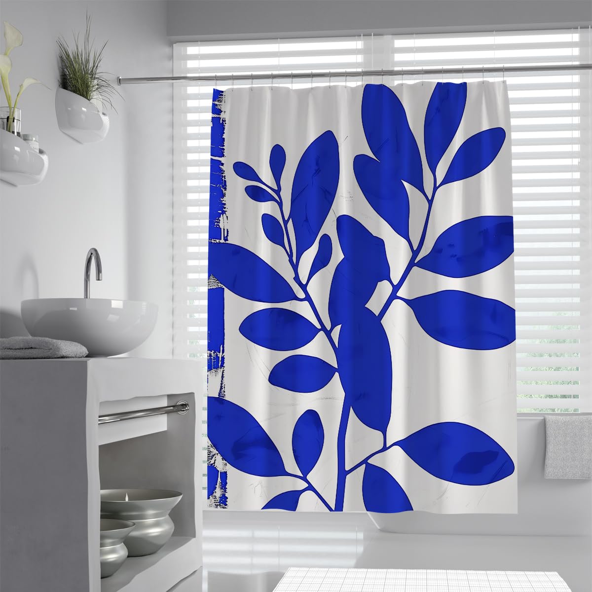 UERWOWELL Minimalist Navy Blue Foliage Print Shower Curtains Contemporary Abstract Leaves Shower Curtain Waterproof Washable Fabric Bathroom Decor W200xL200 cm