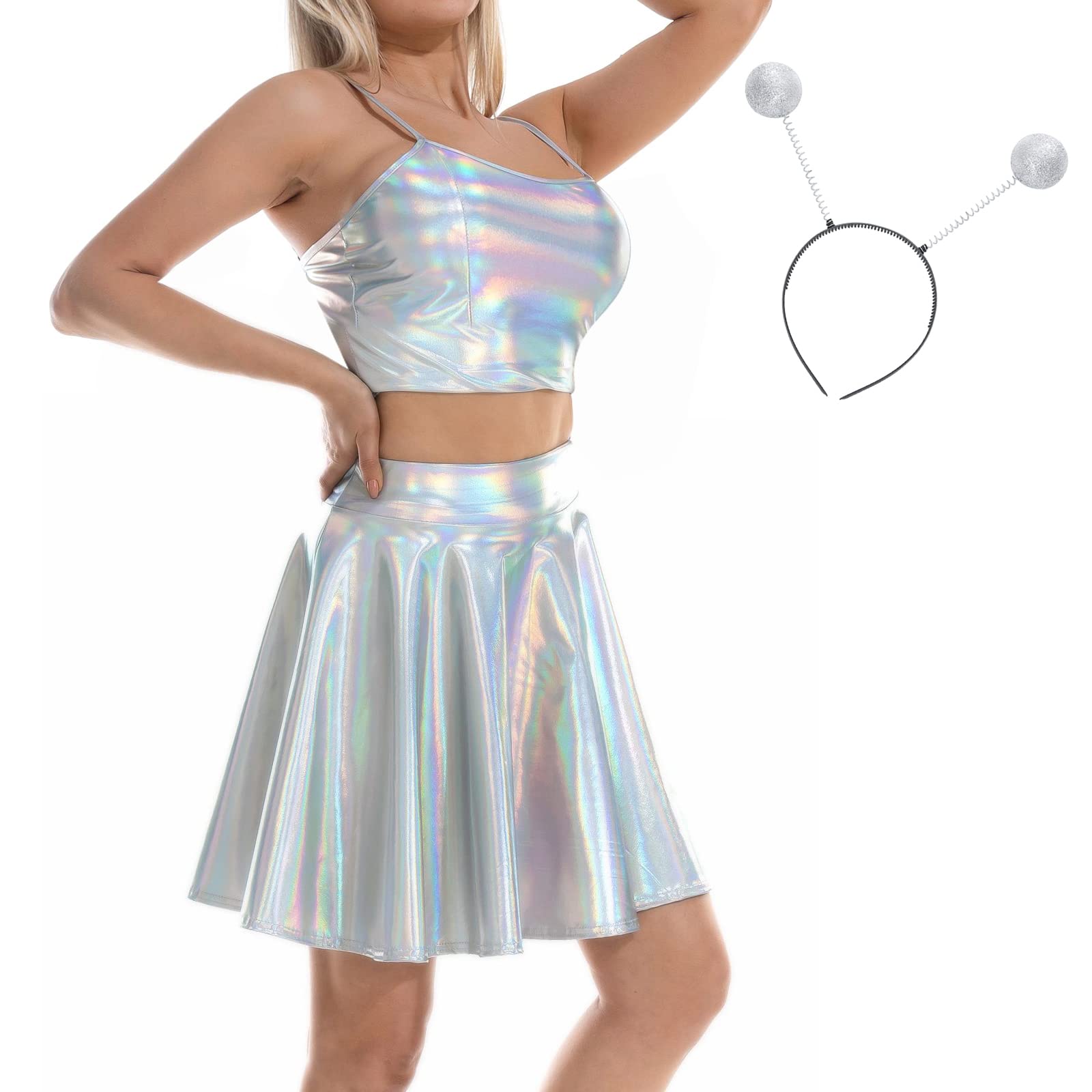 IBAKOM Conjunto de 3 piezas de trajes de alienígena para mujer, manga brillante, minifalda acampanada, diadema, festival musical, escenario, cóctel, 70 y 80, vestido de fiesta