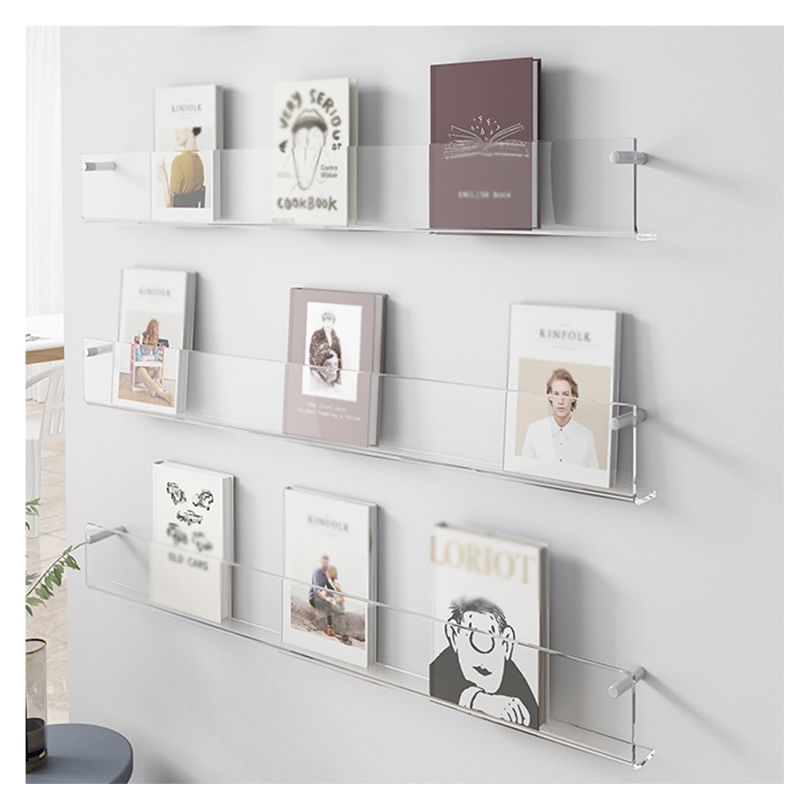 Portariviste in acrilico trasparente, confezione da 3 supporti da parete in vinile e supporto per brochure, per casa, ufficio, espositore, letteratura, mostre, 80 cm di lunghezza