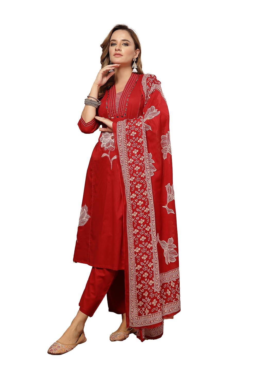 stylum Women's Red Solid & Embroidered Cotton A-Line Kurta Pant Dupatta Set-picture-48