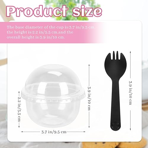 Miniatura 2 de 50 juegos de tazas de postre de plástico transparente con tapas de cúpula y tenedores, cuencos redondos desechables para cupcakes, sin agujeros,