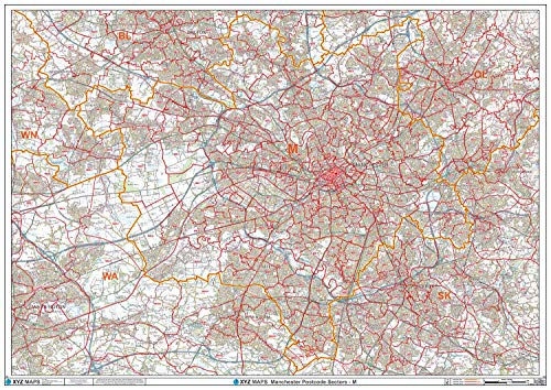 Carte murale Manchester M : plan des codes postaux sur papier premium