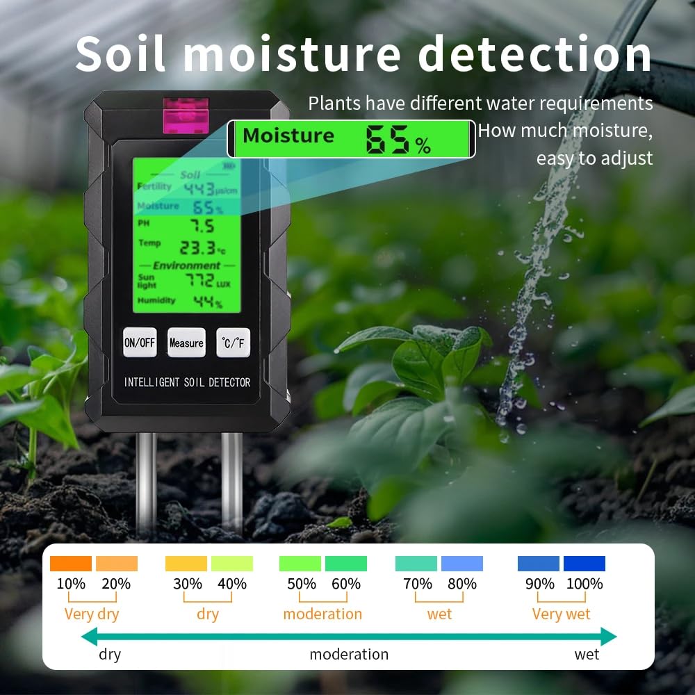 DollaTek Misuratore di terreno 6 in 1 Misuratore di umidità fertilità del suolo pH temperatura luce ambientale e umidità con schermo illuminato HD per la coltivazione di piante in giardinaggio