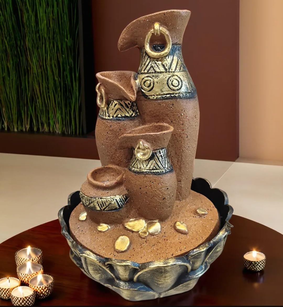 Shiva's Decorative Tabletop Fountain with LED Candles, Terracotta and Gold Spiral Design, Indoor Zen Water Feature, 4-Tier Cascading Bowl-image-24