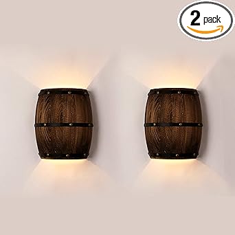 Antique 2 Pack Wood Wine Barrel Wall Sconce Lighting Fixture