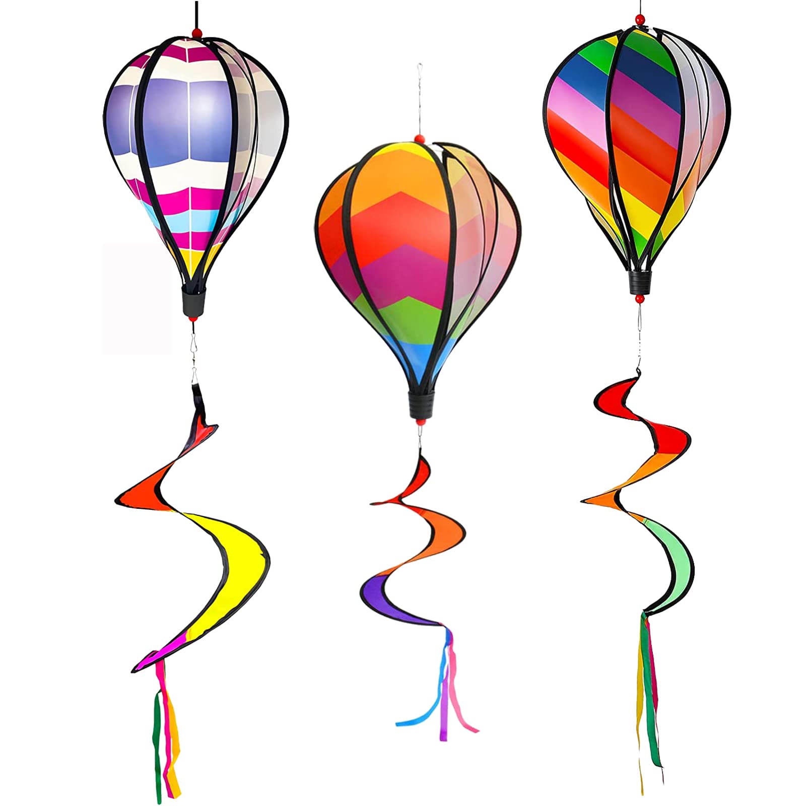 3PCS Hottong Hot Air Balloon Wind Spinner, Garden Pinwheel Spinner Colorful Stripes Hanging Windsocks Rotating Rainbow Wind Twister Windmills Toy for Lawn Yard Backyard Porch Outdoor Decorations