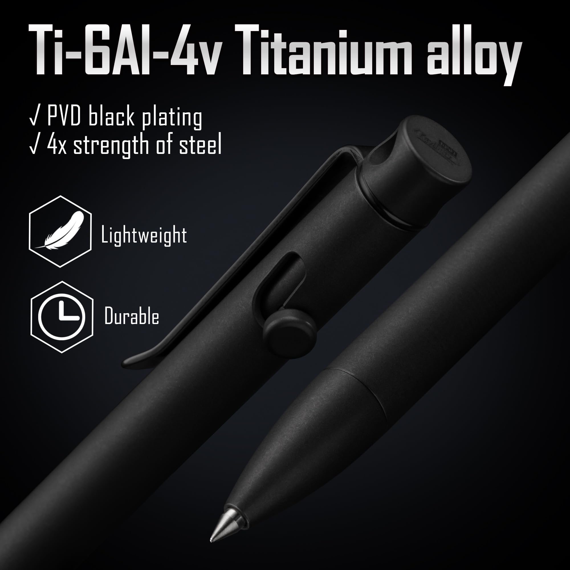 KeyUnity KP01BK Pen mit Clip, EDC-Taschenstift aus Titanlegierung, einziehbarer Metallkugelschreiber für den täglichen Gebrauch (PVD-Schwarz)