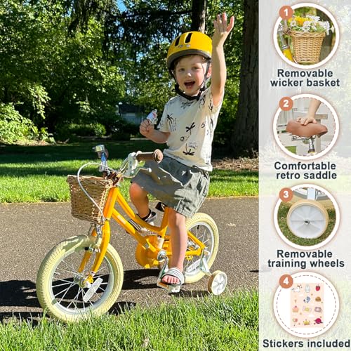 Image of Petimini Vintage Kids Bike for Girls, 12-20 Inch Classic Bicycle with Wicker Basket & Bell, High Tensile Steel Frame, Training Wheels (12-18 inch), 85% Pre-Assembled, Retro Bike for Outdoor Riding