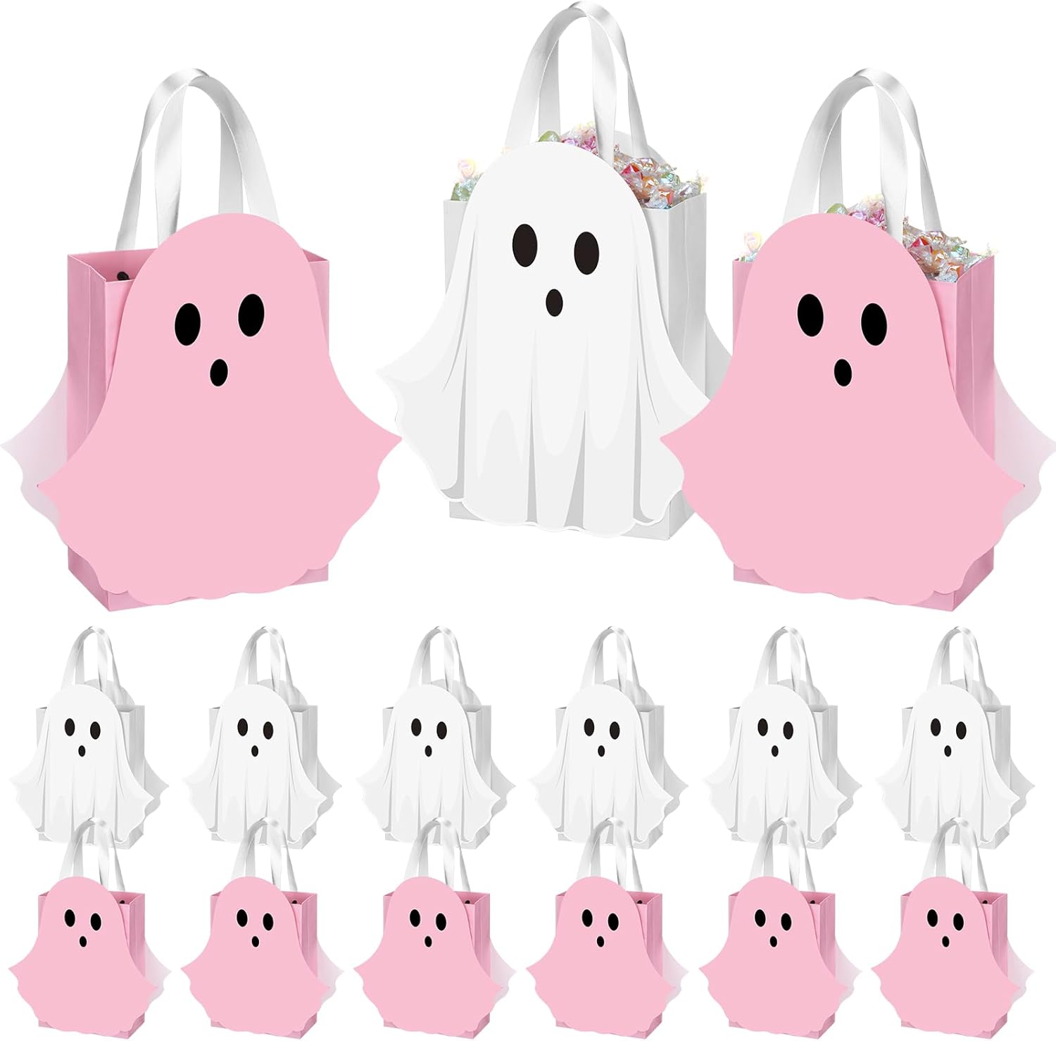 Sweetude 12 Pcs Halloween Ghost Paper Gift Bags Party Favor Bags with Handle for Trick-or-treat Candy Goodie Pastel for Halloween Spooky Birthday Holiday Party Supplies(White, Pink)