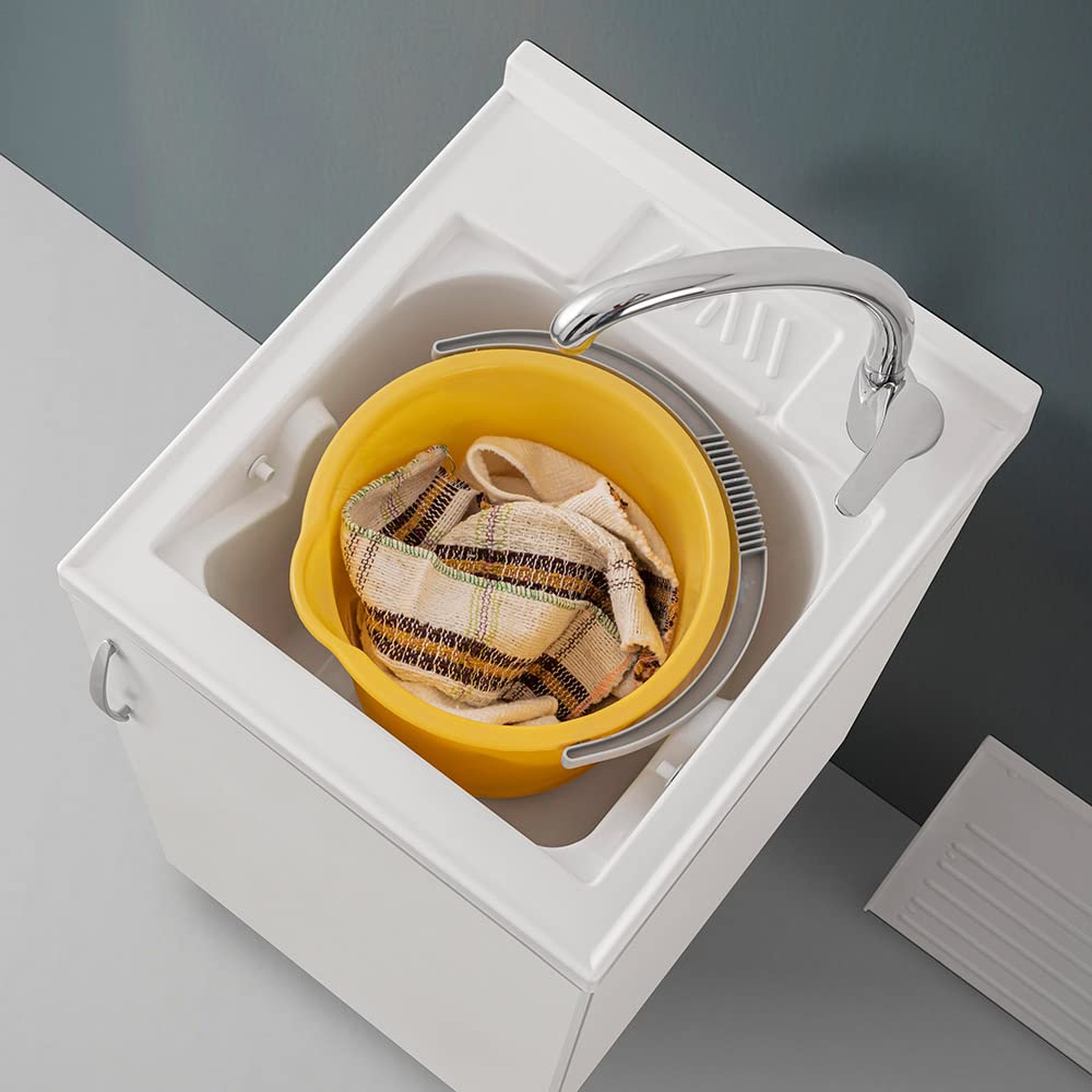 Mobile lavatoio lavanderia in legno con vasca in resina resistente agli acidi, completo di asse di lavaggio e kit sifone + piletta (Bianco, 45x50 cm 1 anta)