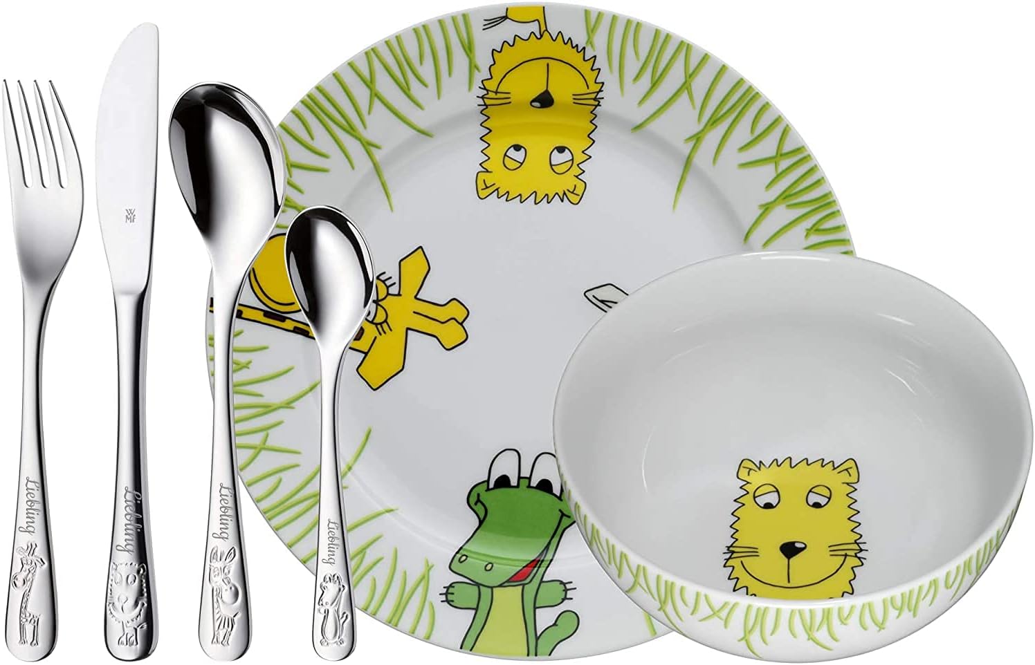 WMF Set Safari, Christening Gifts, Christening Gifts, Name Engraving, Children's Cutlery with Engraving Name 6 Pieces Stainless Steel