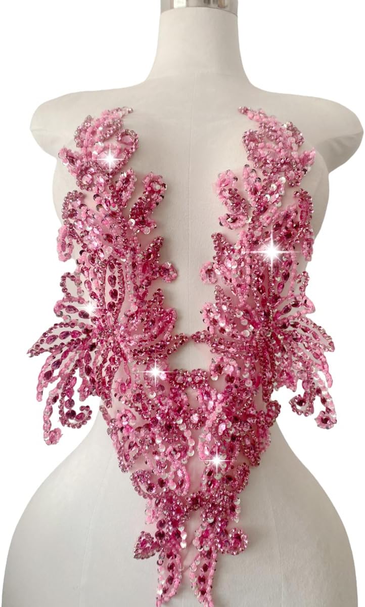 Handmade Rhinestones lace Applique sew on Beads Sequins Trim Patches Accessories for Girl Dress Clothing (Pink)