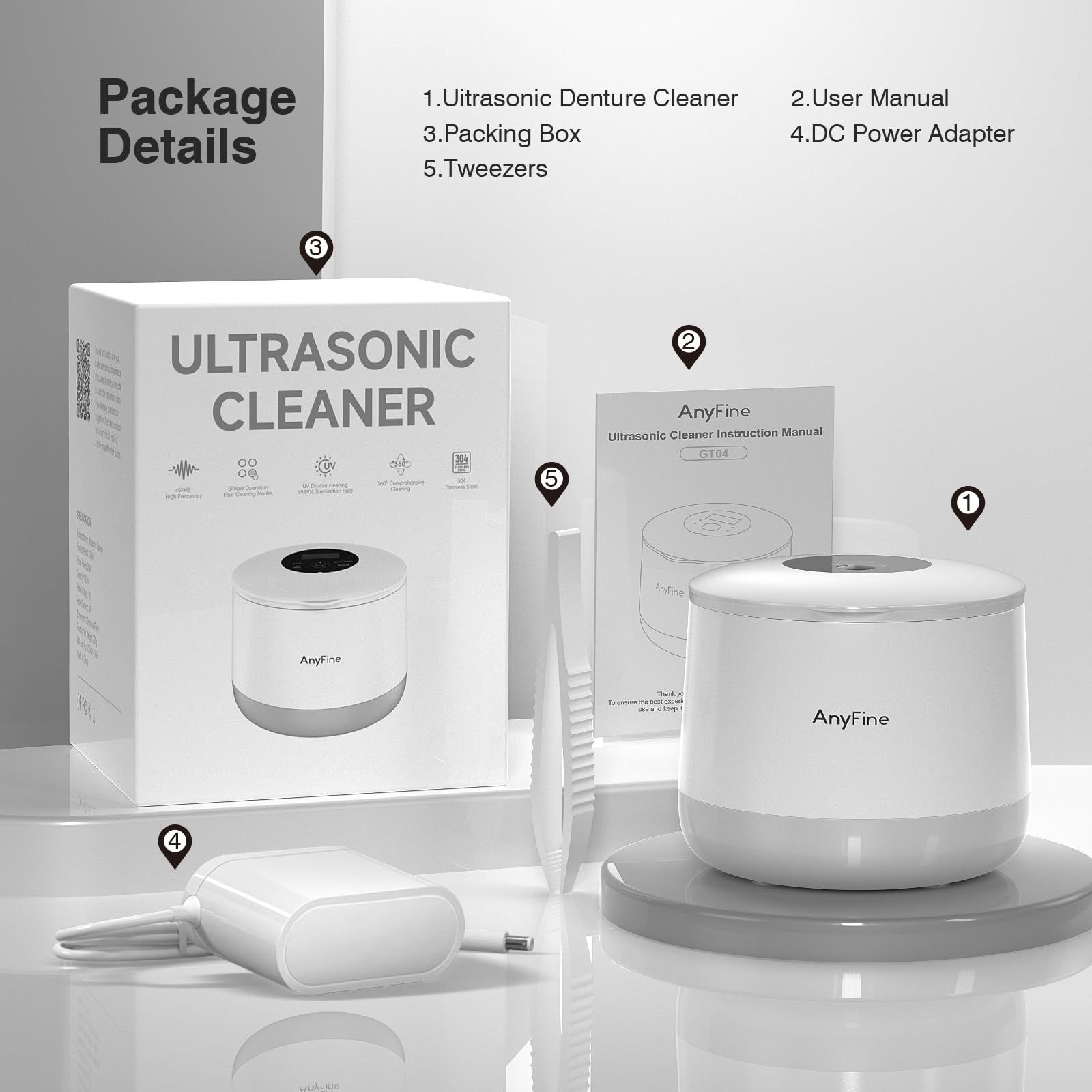 Limpiador ultrasónico avanzado para dentaduras, protectores bucales, aparatos dentales, cabezales de cepillo de dientes y joyas, sistema de limpieza trifásico de 45