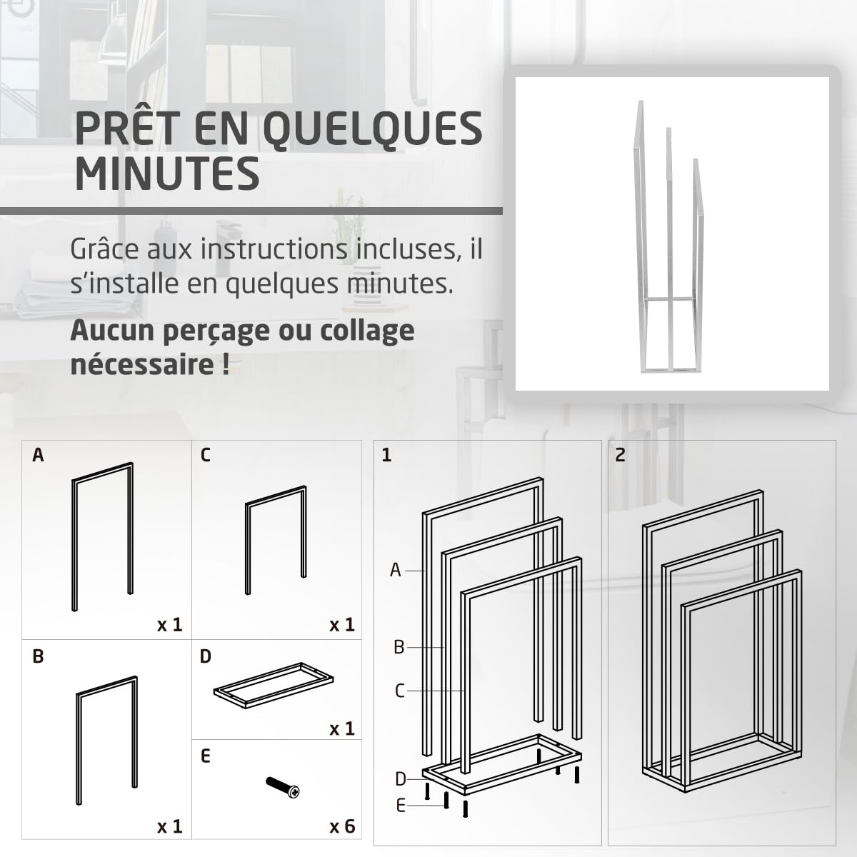 Amig – Porte-Serviettes sur Pied chromé avec 3 Barres métalliques – Support au Sol pour Serviettes de Bain – Style Moderne avec Finition Brillante et Base Stable – sans perçage