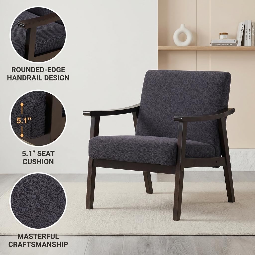 Mid-Century Modern Accent Chair, Upholstered Arm Chair Solid Wood Frame for Lounge, Living Room, Reading Room, Bedroom (Antique Black)