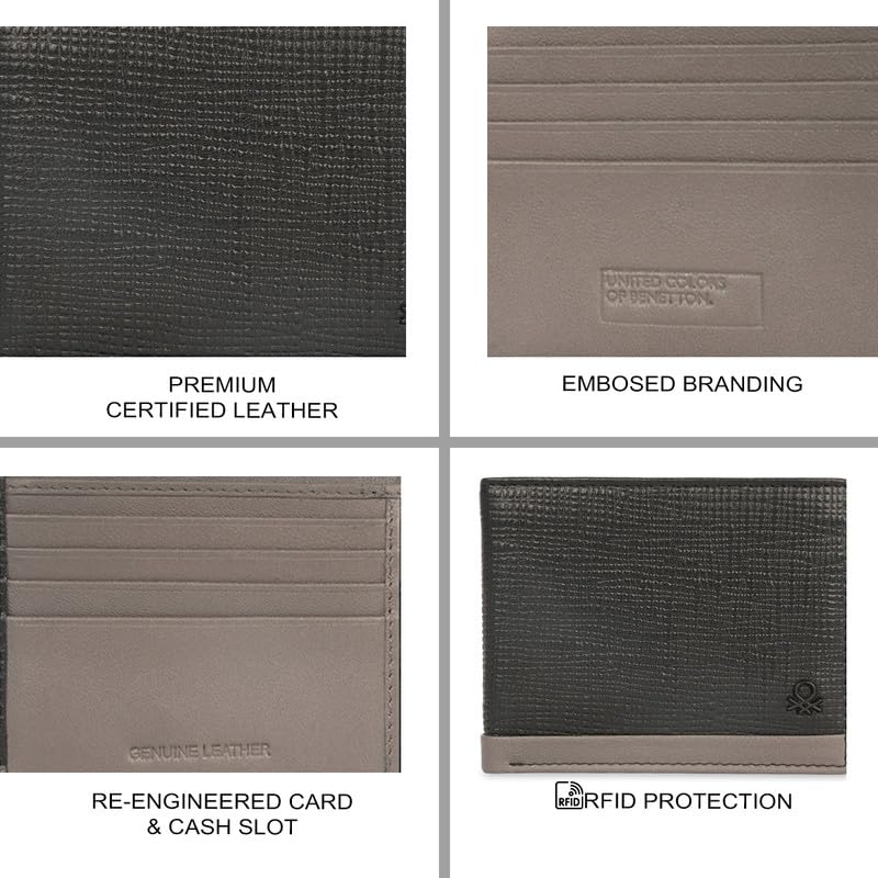 Image of UNITED COLORS OF BENETTON Men RFID Protected Barbon Slimfold Wallet - Black, No. of Card Slot: 8 | Saffiano Textured Slimfold Wallet with Side Closure | Leather