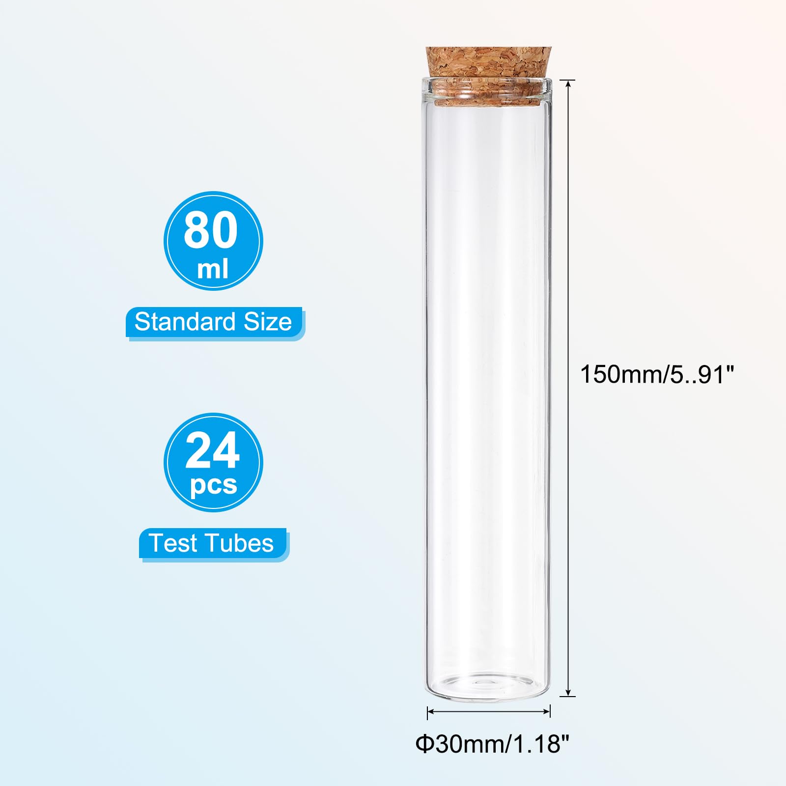 PATIKIL Tubos de ensayo de 80 ml, 24 unidades, 5,91 x 1,18 cm, cristal transparente, fondo plano, tubo de ensayo, recipiente con tapón de corcho para perlas, fiestas, dulces, sales de baño