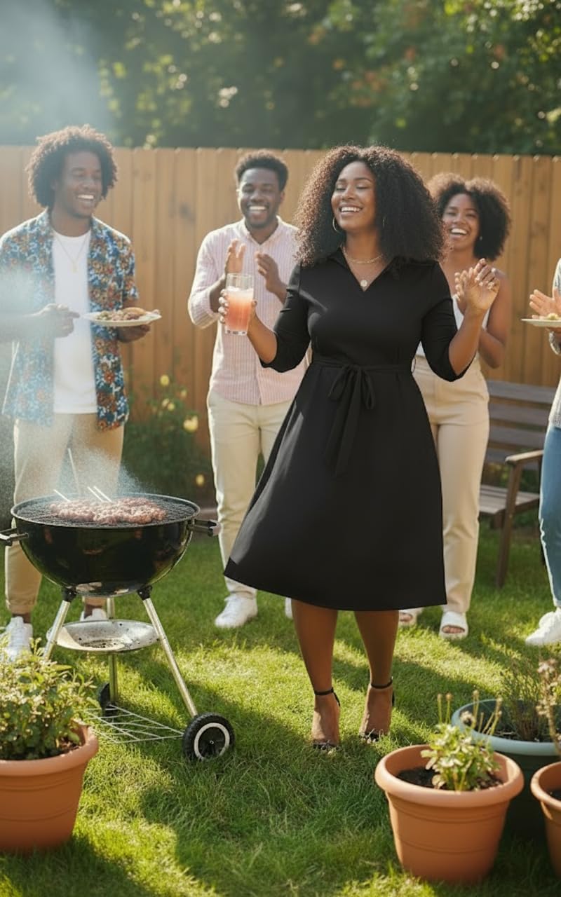 FANDEE Plus Size Midi Dress for Women - Printing Summer Dresses for Wedding Guest Cocktail Party 3/4 Sleeve V Neck（L-5XL） - Image 17