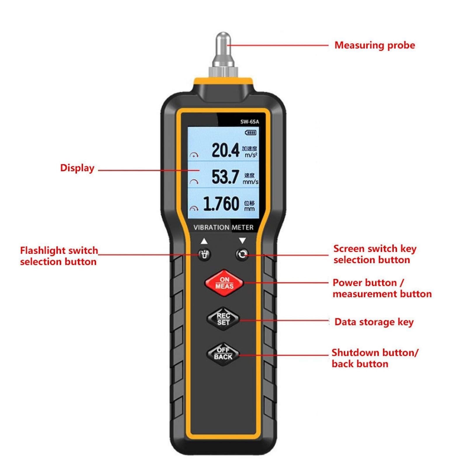 Medidor de Vibraciones, Herramienta de Medición Digital Portátil con Sonda Reemplazable y Linterna, Velocidad de 0.1-199.9 mm/s, Almacenamiento de 200 Datos, Ideal para la Inspección(SW-63A)