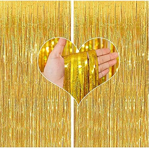 2 pieces tinsel curtain gold, glitter curtain decoration, curtain decoration, foil fringe background decorative, foil curtains for birthdays, parties, weddings, engagement, stage decoration (1 x 2 m) Cover