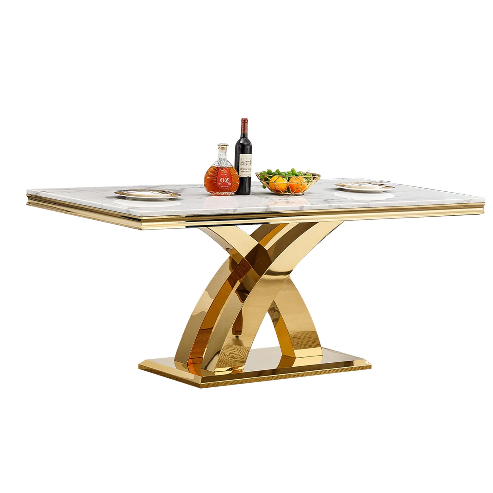Maotifeys Modern Rectangle Faux Marble Dining Table, 68" White Marble Top, Gold Pedestal Base, X-Shape Stainless Steel Legs, Seats 4-6-8