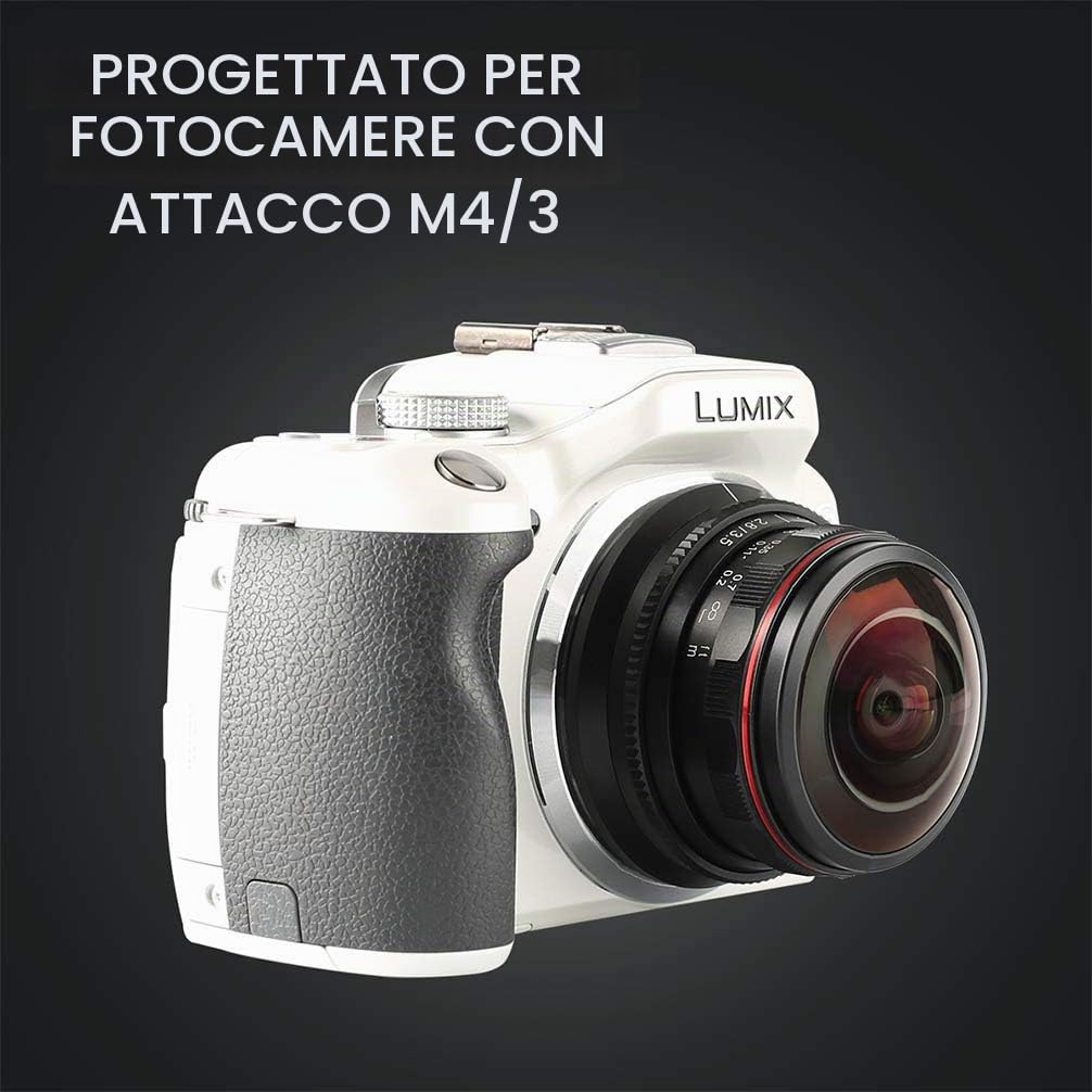 MK-3,5 mm F2.8 obiettivo fisheye ultra grandangolare per Olympus Panasonic Lumix MFT Micro Four Thirds 4/3 Mount Mirrorless, nero, panno di pulizia Venidice