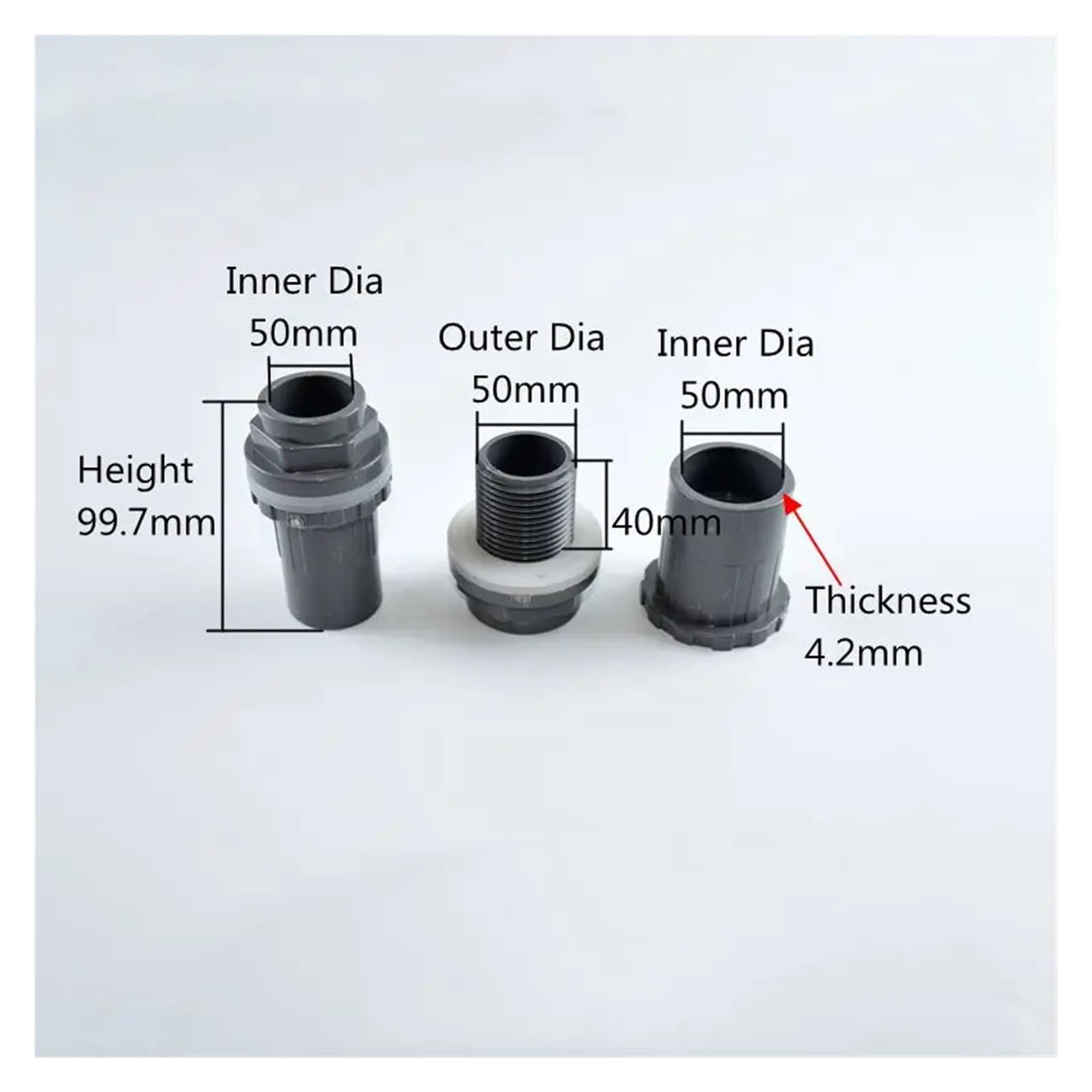Accesorios de tubería de PVC gris for acuario, Conector de tanque de peces, rosca de desbordamiento, accesorios de suministro de agua, junta, 2-5 uds., 20mm ~ 50mm(50mm,2Pcs)