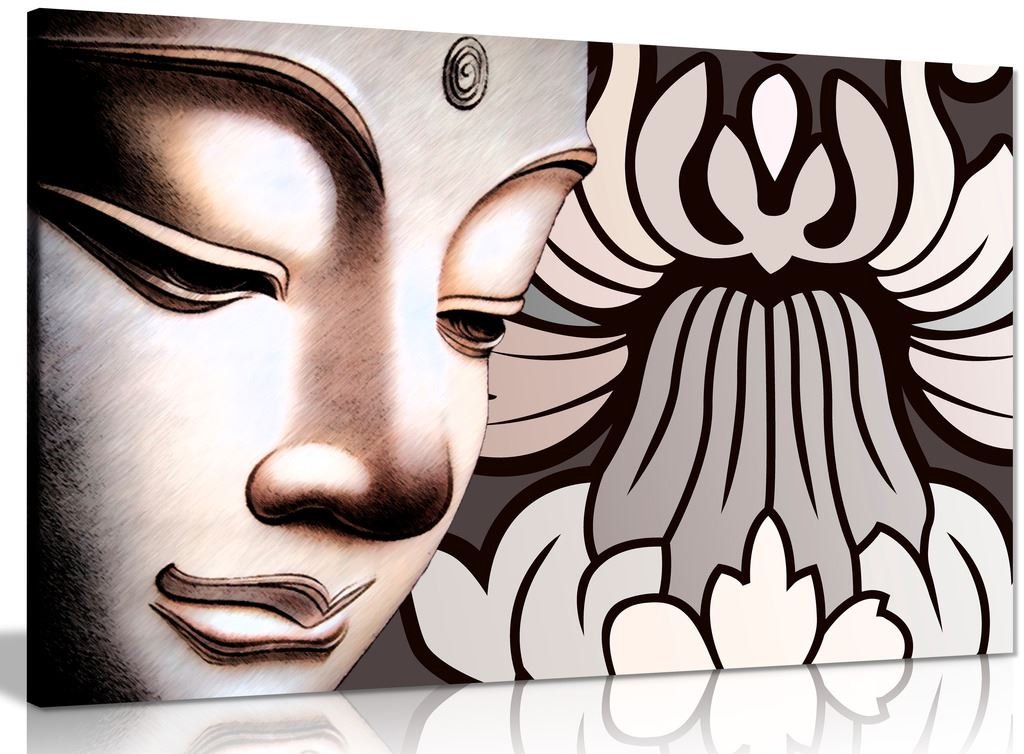 Panther Print Brown Buddha & Flowers Canvas Wall Art Picture Print (24X16in)