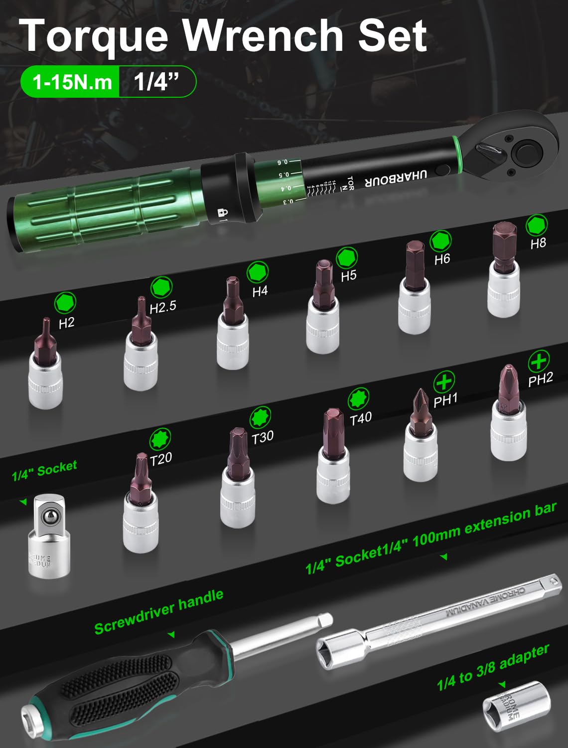 Uharbour 1-15 Nm Torque Wrench Set for Bicycles 1/4" Torque Wrench, Bicycle Torque Wrench Set including Bits - Image 2