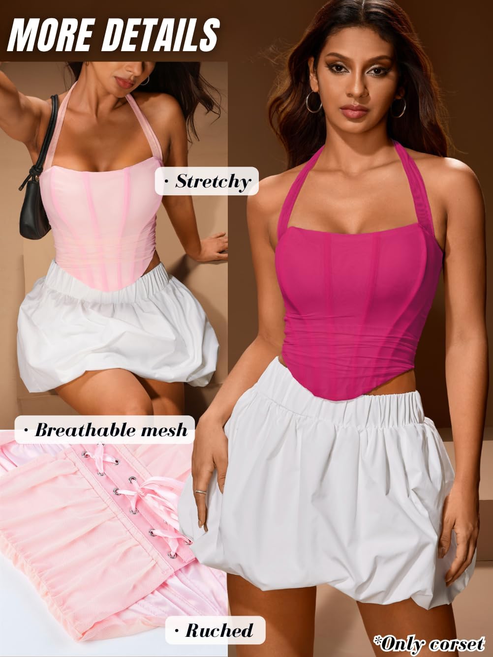 ChiaoLezhee Women's Halter Mesh Corset Crop Top, Ruched Asymmetrical Hem, Boned Lace-Up Bustier for Going Out Fit Sizes 00-14