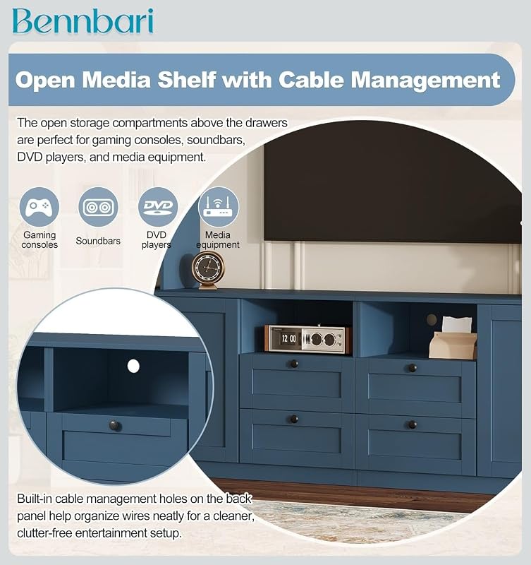 Farmhouse Entertainment Center Wall Unit for TVs Up to 70 Inches, Built in TV Stand with Adjustable Bridge, 4 Drawers, Adjustable Shelves for Living Room (Blue) image 6