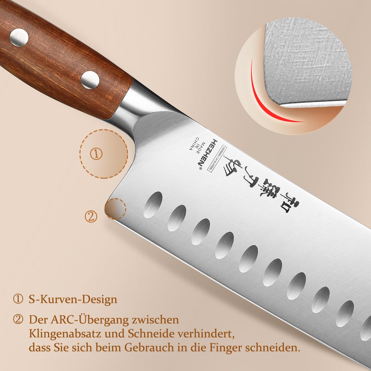 HEZHEN Rostfreier Stahl Nakiri Messer, Japanischer Stil Hackbeil Messer, Hartstahl Mehrzweckmesser Asiatisches Kochmesser Zum Schneiden von Fleisch und Gemüse，Griff aus Redwood