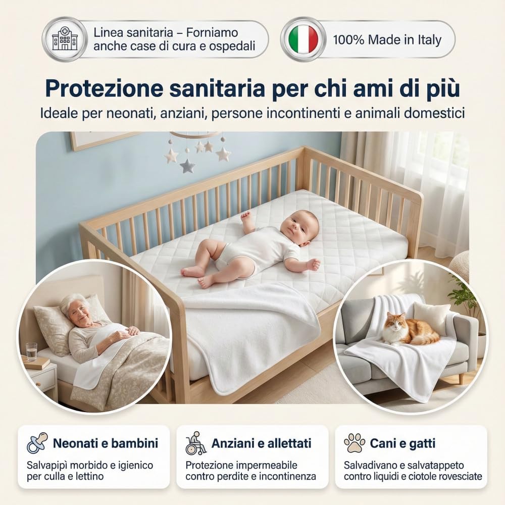 Tejido impermeable de rizo de algodón PVC de 3 mm – Protector de colchón, protector de sofá, protección para cuna y mascotas – Fabricado en Italia 140 x 240 cm