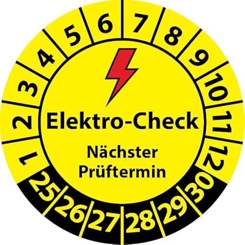 Prüfplakette Elektro-Check Nächster Prüftermin, Vinylfolie, Elektro Prüfaufkleber, Prüfetikett, Plakette E-Check (20 mm Ø, 100)