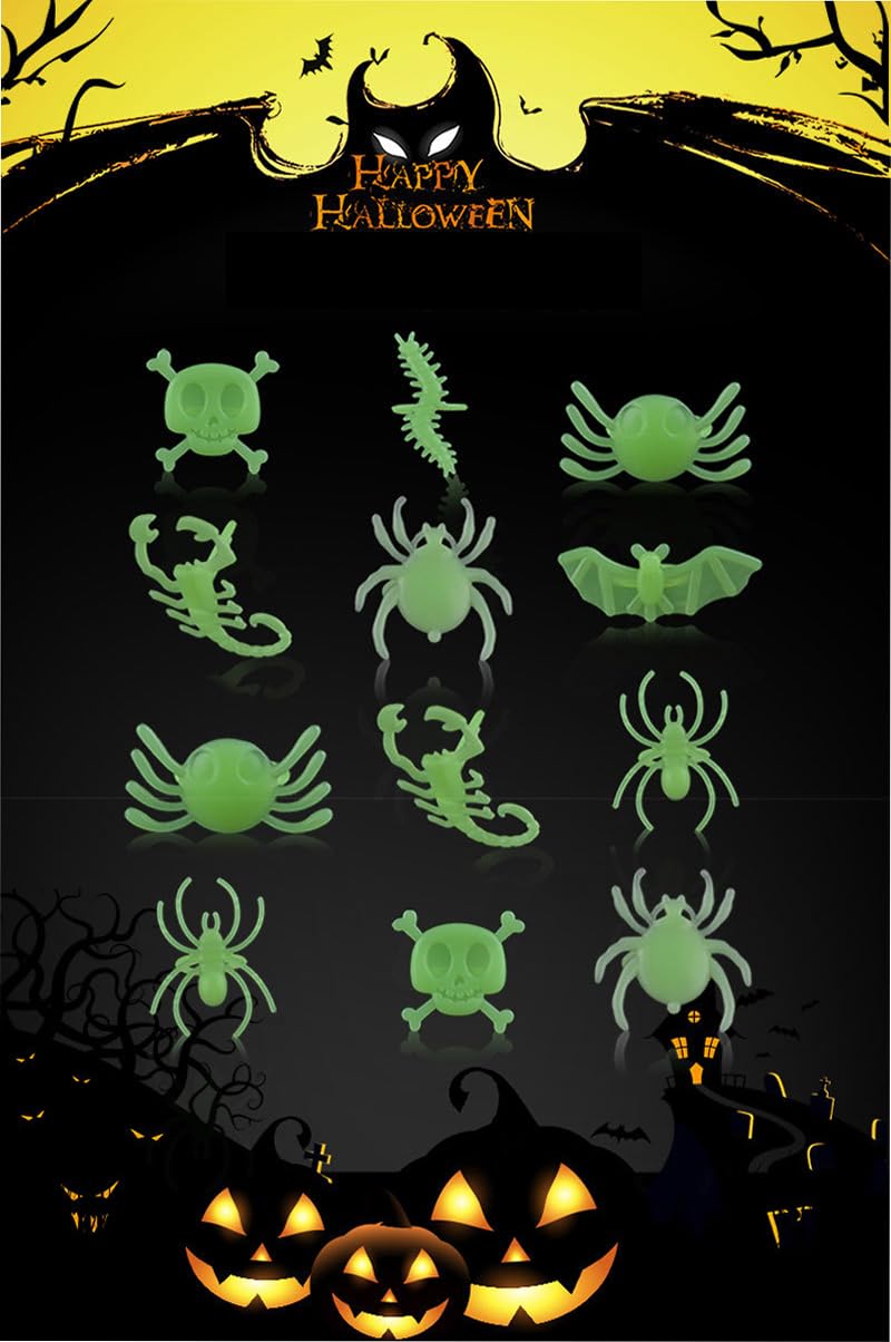 TERRIFI 60Pcs Halloween Spider Rings, Glow in the Dark Bug Rings for Kids, Plastic Bat Scorpion Skull Ring, Fake Spiders for Halloween Party Favors Trick or Treat Gift for Kids Toddlers(12Pcs*5Set)