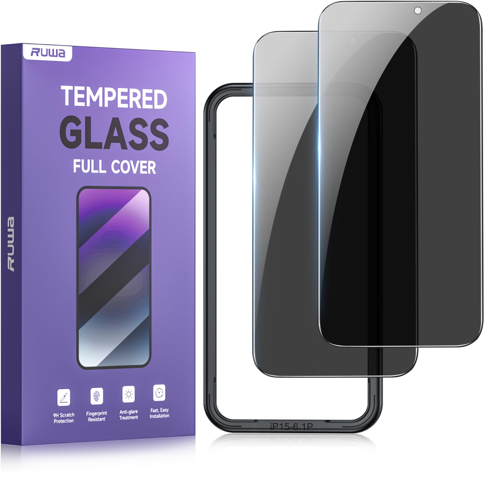 Privacy Screen Protector for iPhone 15 Pro [6.1 Inch] [2-Pack] Anti-Peep Tempered Glass Film with Easy Installation Frame