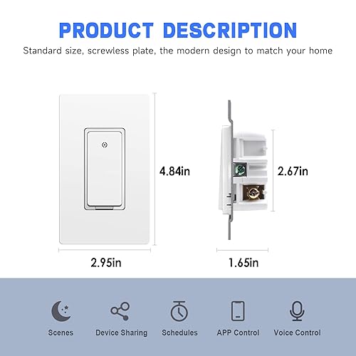 Miniatura 7 de Interruptor de luz inteligente compatible con Alexa, Google Home, control remoto Wi-Fi de 2.4 GHz, un solo polo, requiere cable neutro, no requiere