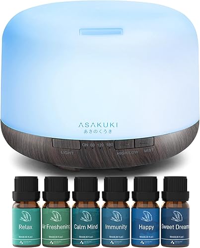 ASAKUKI Difusor de aceite esencial de 16.9 fl oz (negro) con mezclas de aceites esenciales Set 6 botellas