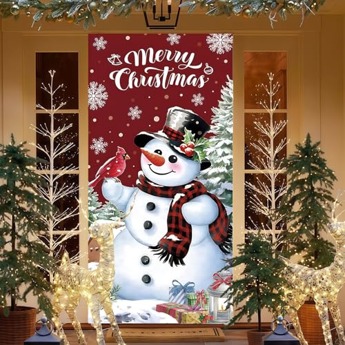 Cubierta navideña para puerta 90x180 cm con muñeco de nieve, decoración festiva para Navidad, colorido telón para entrada de casa o oficina, ideal para interiores y exteriores
