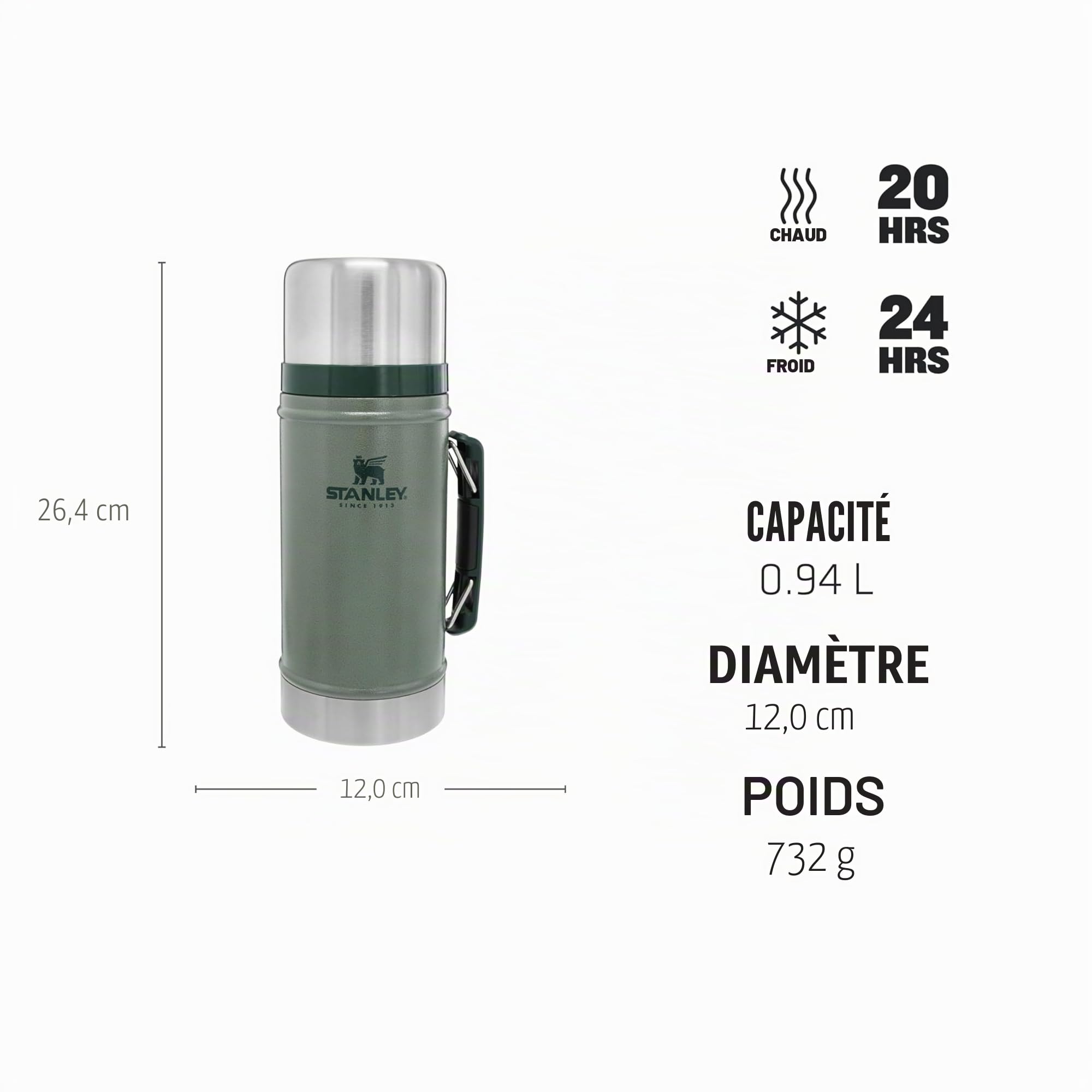 STANLEY Classic Legendary Food Jar 0.94L - Thermos Alimentaire Chaud a 20h - Lavable au Lave-Vaisselle - Acier Inoxydable - Sans BPA - Lunch Box Isotherme - Hammertone Green
