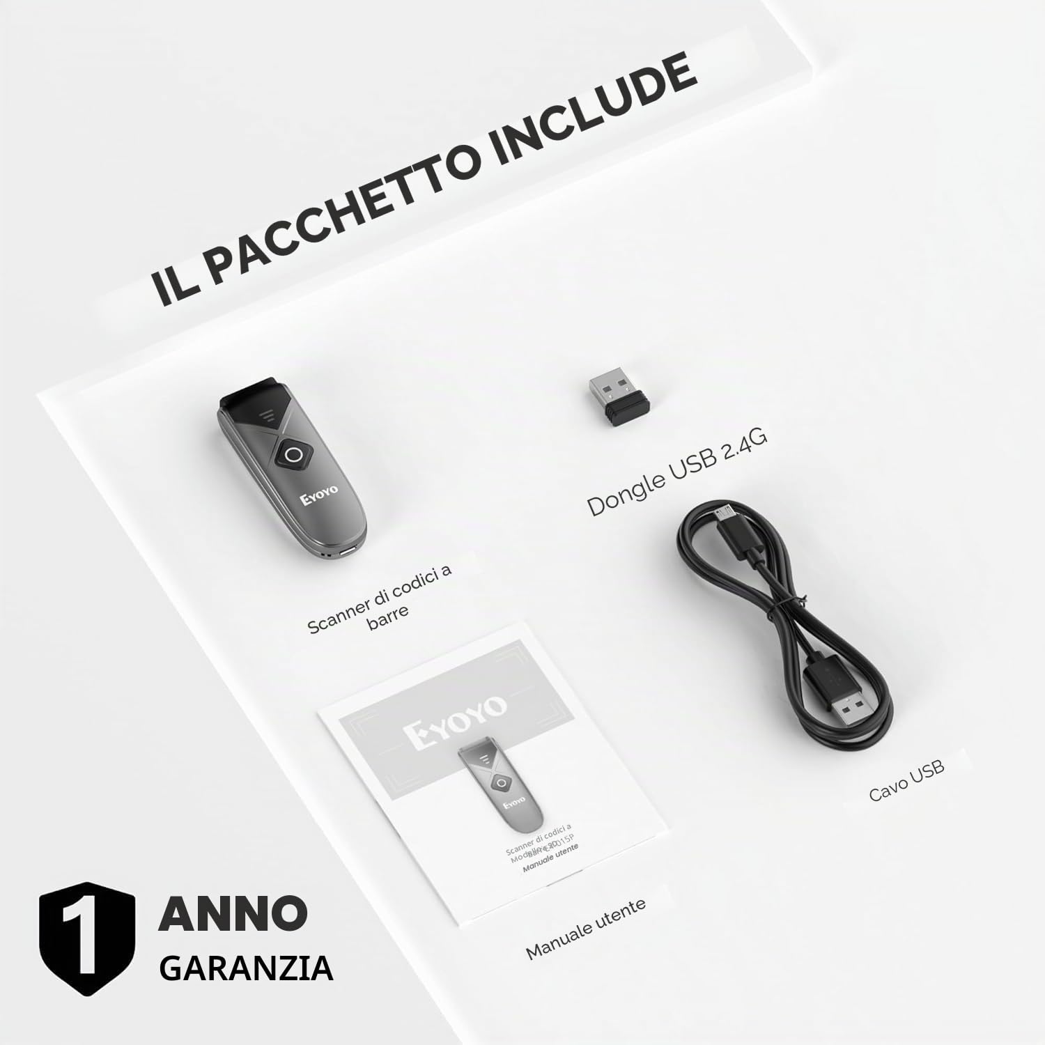 Eyoyo Mini scanner di codici a barre wireless 2D, con sensore di scansione portatile 1D QR Code Scanner, Bluetooth/2.4G Wireless Pocket Inventory Reader per Tablet iPhone Android iOS PC
