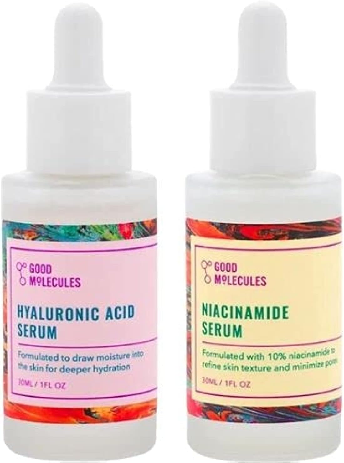 Good Molecules Hyaluronic Acid Serum 1 Oz. and Niacinamide Serum 1 Oz. SET. Brighten, Hydrate and Smooth Skin. Lightweight and Water Based Formula. Vegan and Cruelty Free.