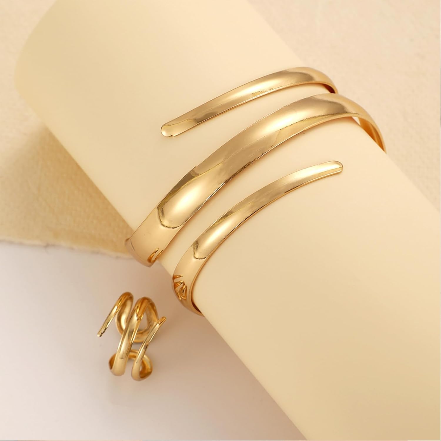 MIFYNN Chunky Gold Bangle Bracelets for Women Trendy Wide Cuff Bangles Bracelet and Ring set Open Non Tarnish Rings Stack Wrap Bracelet Dainty Snake Jewelry set for Mother's Day Wedding Birthdays - Image 5