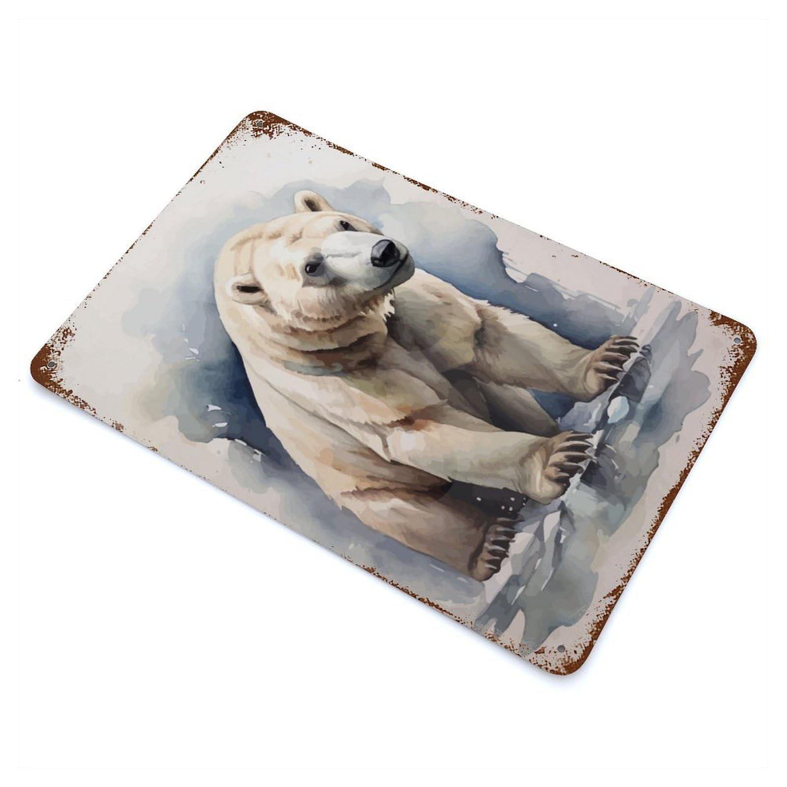 Distressed Metal Wall Sign with Watercolor Polar Bear Art Design 11.8"x7.9", for Living Room, Hallway And Home Decor, Vintage Wall Decor