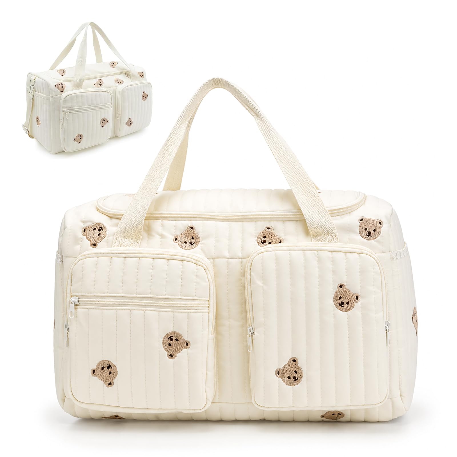 BULAWAN Large Cotton Baby Changing Bag & Hospital Maternity Bag – Embroidered Quilted Diaper Tote, Lightweight Travel Duffel with Large Capacity Storage for Birth, Pram & Newborn Essentials