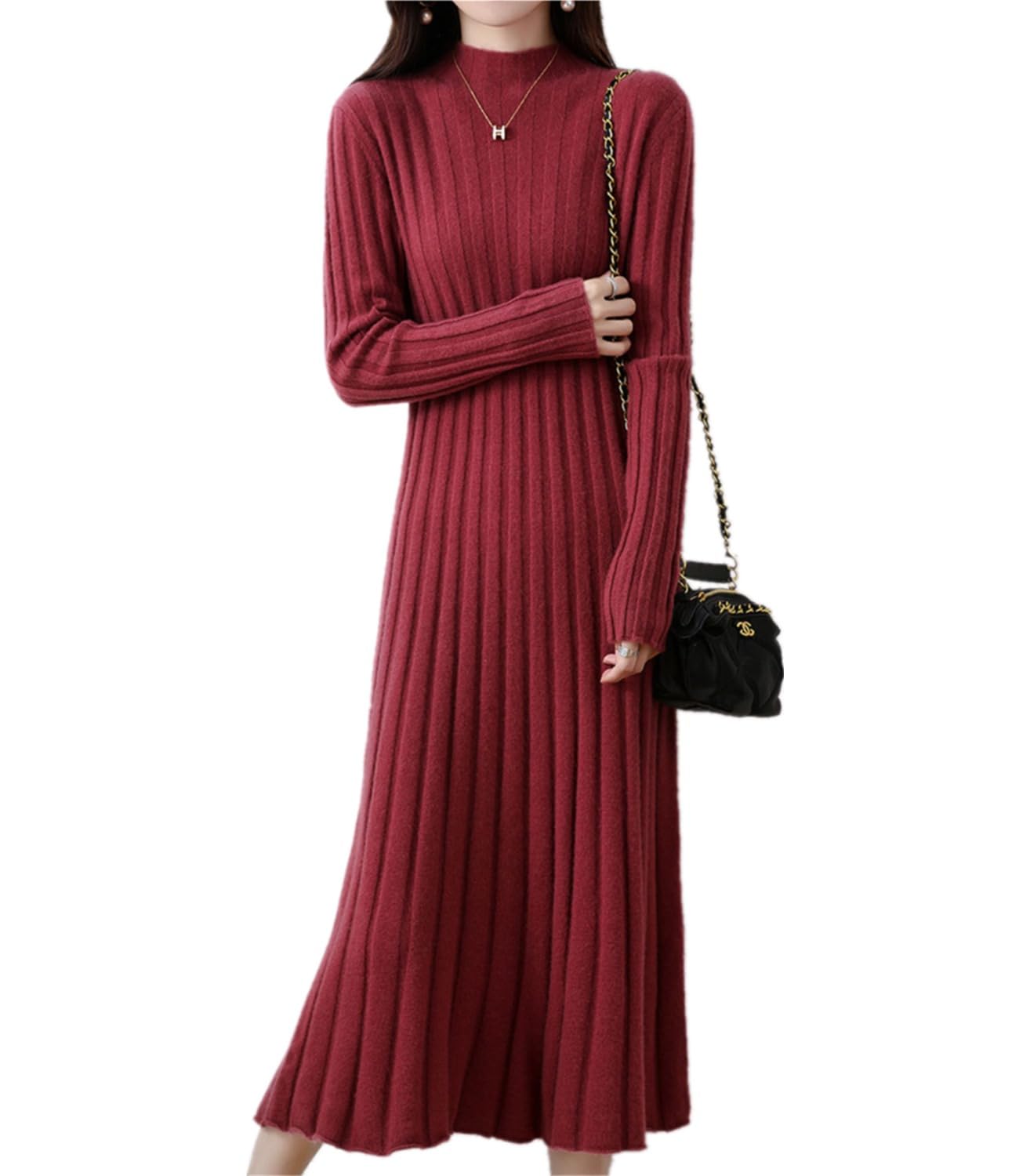100 Wool Sweater Dress Womens Mock Neck Pit Strips Slim V-Neck Long Sleeve Pullover A-line Knitted Dress
