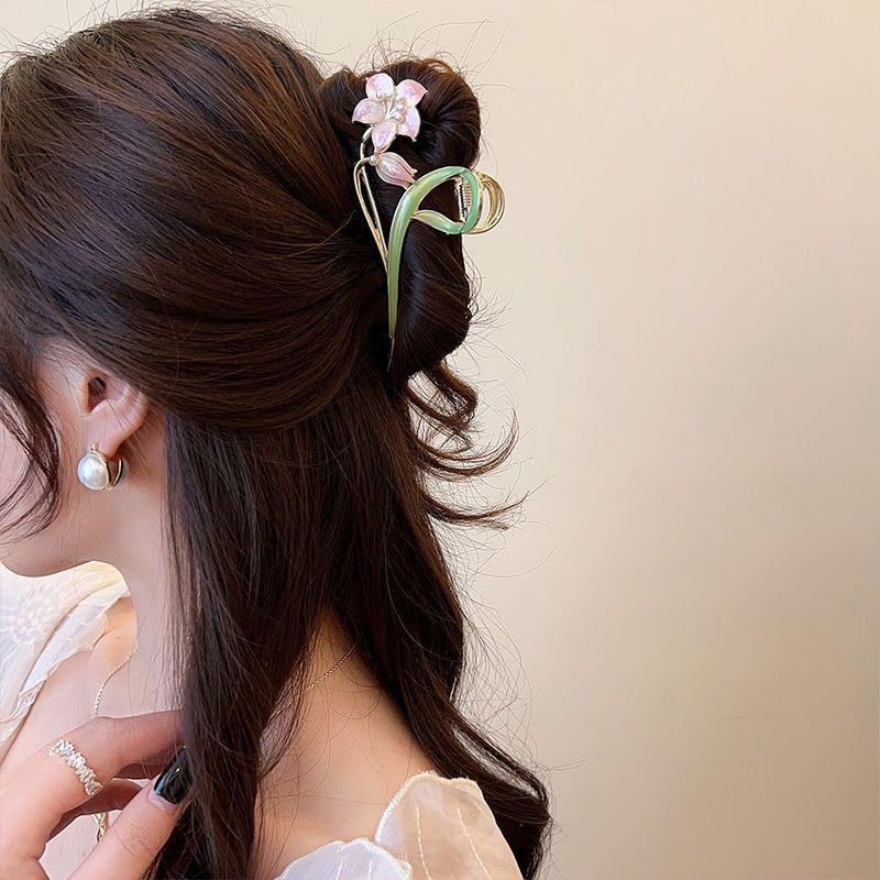 Pinza para cabello metálica floral con diseño de lirio rosa miniatura 7