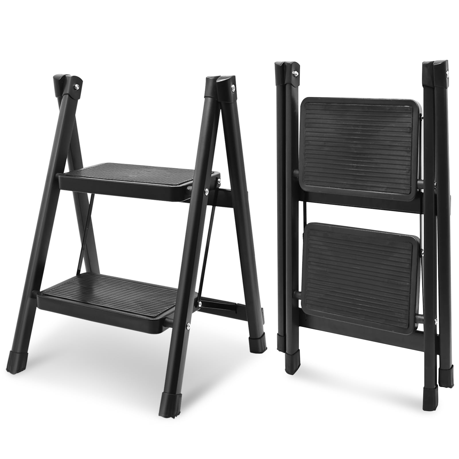 Yiomxhi Escalera Plegable 2 Peldaños, Escalera Portátil con Pedales Anchos y Patas Antideslizantes, Escadote Ligera Pequeña para Hogar, Cocina, Interiores, Exteriores, Negro